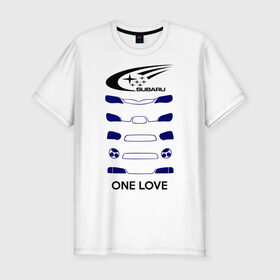 Мужская футболка премиум с принтом One love subaru в Белгороде, 92% хлопок, 8% лайкра | приталенный силуэт, круглый вырез ворота, длина до линии бедра, короткий рукав | logo | one love | sti | subaru | авто | лого | субарик | субару