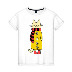 Женская футболка хлопок с принтом Киса в пальто в Белгороде, 100% хлопок | прямой крой, круглый вырез горловины, длина до линии бедер, слегка спущенное плечо | cat | киса | котик | кошка | пальто | шарфик