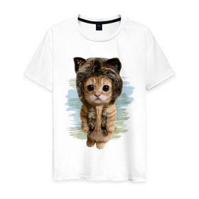 Мужская футболка хлопок с принтом Милый котик в Белгороде, 100% хлопок | прямой крой, круглый вырез горловины, длина до линии бедер, слегка спущенное плечо. | cat | киса | котик | кошка | милаха | милый котик | шапка