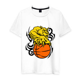 Мужская футболка хлопок с принтом Тигр с мячом в Белгороде, 100% хлопок | прямой крой, круглый вырез горловины, длина до линии бедер, слегка спущенное плечо. | basketball | баскетбол | мяч | пантера | тигр