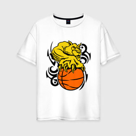 Женская футболка хлопок Oversize с принтом Тигр с мячом в Белгороде, 100% хлопок | свободный крой, круглый ворот, спущенный рукав, длина до линии бедер
 | basketball | баскетбол | мяч | пантера | тигр