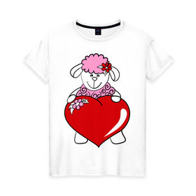 Женская футболка хлопок с принтом Барашек с сердцем в Белгороде, 100% хлопок | прямой крой, круглый вырез горловины, длина до линии бедер, слегка спущенное плечо | 2015 | баран | барашек | коза | козочка | новый год | овечка | овца | рождество | сердце | цветок