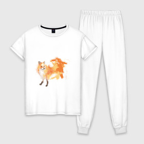 Женская пижама хлопок с принтом Лиса акварель в Белгороде, 100% хлопок | брюки и футболка прямого кроя, без карманов, на брюках мягкая резинка на поясе и по низу штанин | fox | акварель | животные | лисы | мило