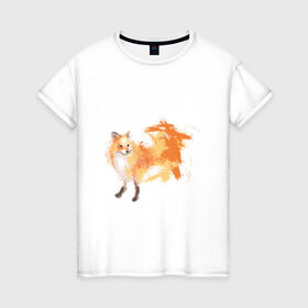 Женская футболка хлопок с принтом Лиса акварель в Белгороде, 100% хлопок | прямой крой, круглый вырез горловины, длина до линии бедер, слегка спущенное плечо | fox | акварель | животные | лисы | мило