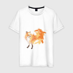 Мужская футболка хлопок с принтом Лиса акварель в Белгороде, 100% хлопок | прямой крой, круглый вырез горловины, длина до линии бедер, слегка спущенное плечо. | fox | акварель | животные | лисы | мило