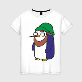 Женская футболка хлопок с принтом Пингвин в шапке в Белгороде, 100% хлопок | прямой крой, круглый вырез горловины, длина до линии бедер, слегка спущенное плечо | борода | пингвин