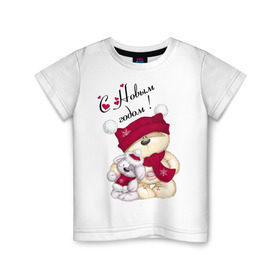 Детская футболка хлопок с принтом Новогодние мишка с зайкой в Белгороде, 100% хлопок | круглый вырез горловины, полуприлегающий силуэт, длина до линии бедер | игрушка | медведь | мишка | новый год | пес | собака | шапка