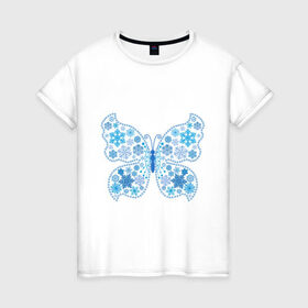 Женская футболка хлопок с принтом Бабочка из снежинок в Белгороде, 100% хлопок | прямой крой, круглый вырез горловины, длина до линии бедер, слегка спущенное плечо | бабочка