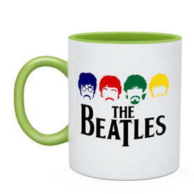 Кружка двухцветная с принтом The Beatles 3 в Белгороде, керамика | объем — 330 мл, диаметр — 80 мм. Цветная ручка и кайма сверху, в некоторых цветах — вся внутренняя часть | beatles | harrison | lennon | mccartmey | starr | битлз