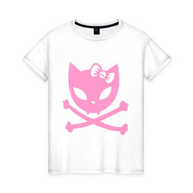 Женская футболка хлопок с принтом Плохая киска в Белгороде, 100% хлопок | прямой крой, круглый вырез горловины, длина до линии бедер, слегка спущенное плечо | бант | киса | кости | кошка | череп