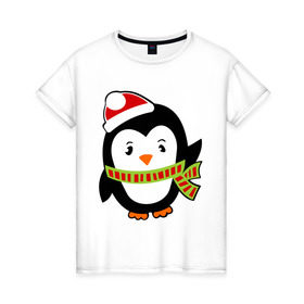 Женская футболка хлопок с принтом Зимний пингвинчик в Белгороде, 100% хлопок | прямой крой, круглый вырез горловины, длина до линии бедер, слегка спущенное плечо | пингвин