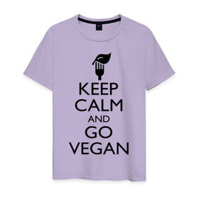 Мужская футболка хлопок с принтом Keep calm and go vegan в Белгороде, 100% хлопок | прямой крой, круглый вырез горловины, длина до линии бедер, слегка спущенное плечо. | Тематика изображения на принте: keep calm | vegan | веган | вегетарианец | сохраняй спокойствие