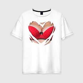 Женская футболка хлопок Oversize с принтом Красный бюст в Белгороде, 100% хлопок | свободный крой, круглый ворот, спущенный рукав, длина до линии бедер
 | 2015 | бюст | бюстгальтер | костюм | красный бюст | лифон | лифчик | новый год | праздник