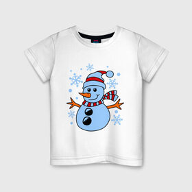 Детская футболка хлопок с принтом Снеговичок в Белгороде, 100% хлопок | круглый вырез горловины, полуприлегающий силуэт, длина до линии бедер | зима | новый год | снег | снеговик