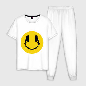 Мужская пижама хлопок с принтом Smile Music в Белгороде, 100% хлопок | брюки и футболка прямого кроя, без карманов, на брюках мягкая резинка на поясе и по низу штанин
 | Тематика изображения на принте: music | smile | смайл наушники