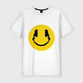 Мужская футболка премиум с принтом Smile Music в Белгороде, 92% хлопок, 8% лайкра | приталенный силуэт, круглый вырез ворота, длина до линии бедра, короткий рукав | Тематика изображения на принте: music | smile | смайл наушники