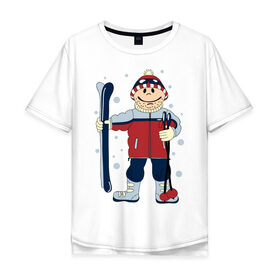 Мужская футболка хлопок Oversize с принтом Лыжник в Белгороде, 100% хлопок | свободный крой, круглый ворот, “спинка” длиннее передней части | лыжи | лыжник | палки | снег | снежинки | спорт