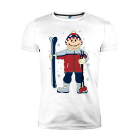 Мужская футболка премиум с принтом Лыжник в Белгороде, 92% хлопок, 8% лайкра | приталенный силуэт, круглый вырез ворота, длина до линии бедра, короткий рукав | лыжи | лыжник | палки | снег | снежинки | спорт