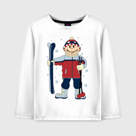 Детский лонгслив хлопок с принтом Лыжник в Белгороде, 100% хлопок | круглый вырез горловины, полуприлегающий силуэт, длина до линии бедер | лыжи | лыжник | палки | снег | снежинки | спорт
