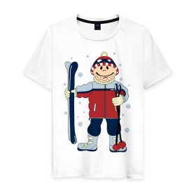 Мужская футболка хлопок с принтом Лыжник в Белгороде, 100% хлопок | прямой крой, круглый вырез горловины, длина до линии бедер, слегка спущенное плечо. | лыжи | лыжник | палки | снег | снежинки | спорт