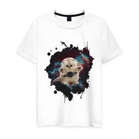 Мужская футболка хлопок с принтом Космокот в Белгороде, 100% хлопок | прямой крой, круглый вырез горловины, длина до линии бедер, слегка спущенное плечо. | infinite | interstellar | space | univers | астронавт | вселенная | интерстеллар | космонавт | кот | котенок | сатурн