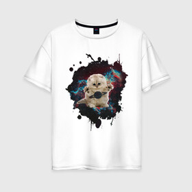 Женская футболка хлопок Oversize с принтом Космокот в Белгороде, 100% хлопок | свободный крой, круглый ворот, спущенный рукав, длина до линии бедер
 | infinite | interstellar | space | univers | астронавт | вселенная | интерстеллар | космонавт | кот | котенок | сатурн