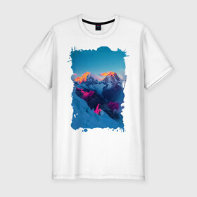 Мужская футболка премиум с принтом Снежные горы в Белгороде, 92% хлопок, 8% лайкра | приталенный силуэт, круглый вырез ворота, длина до линии бедра, короткий рукав | пейзаж | рассвет