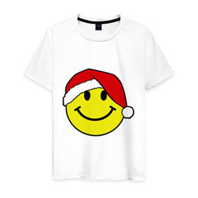 Мужская футболка хлопок с принтом Новогодняя рожица в Белгороде, 100% хлопок | прямой крой, круглый вырез горловины, длина до линии бедер, слегка спущенное плечо. | Тематика изображения на принте: new year | smile | новый год | смайл