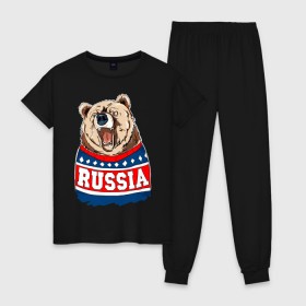 Женская пижама хлопок с принтом Медведь made in Russia в Белгороде, 100% хлопок | брюки и футболка прямого кроя, без карманов, на брюках мягкая резинка на поясе и по низу штанин | made in russia | mountain | russia | кофта | медведь | мишка | патриот | россия | свитер