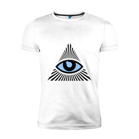 Мужская футболка премиум с принтом Всевидящее око (глаз в треугольнике) в Белгороде, 92% хлопок, 8% лайкра | приталенный силуэт, круглый вырез ворота, длина до линии бедра, короткий рукав | Тематика изображения на принте: иллюминаты