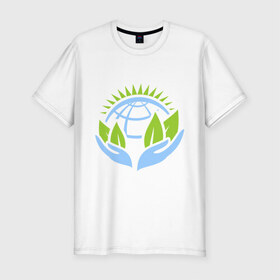 Мужская футболка премиум с принтом Планету нужно беречь в Белгороде, 92% хлопок, 8% лайкра | приталенный силуэт, круглый вырез ворота, длина до линии бедра, короткий рукав | green peace | гринпис | забота | охрана | планета | природа