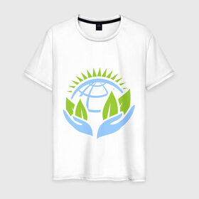 Мужская футболка хлопок с принтом Планету нужно беречь в Белгороде, 100% хлопок | прямой крой, круглый вырез горловины, длина до линии бедер, слегка спущенное плечо. | green peace | гринпис | забота | охрана | планета | природа