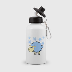 Бутылка спортивная с принтом Овечка и снег в Белгороде, металл | емкость — 500 мл, в комплекте две пластиковые крышки и карабин для крепления | 2015 | new year | новый год | овца | снег | снежинки