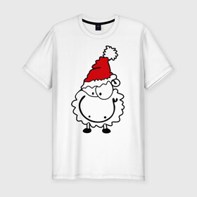 Мужская футболка премиум с принтом Счастливая овечка в Белгороде, 92% хлопок, 8% лайкра | приталенный силуэт, круглый вырез ворота, длина до линии бедра, короткий рукав | Тематика изображения на принте: 2015 | new year | новый год | овечка | овца | счастье