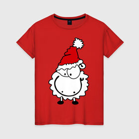 Женская футболка хлопок с принтом Счастливая овечка в Белгороде, 100% хлопок | прямой крой, круглый вырез горловины, длина до линии бедер, слегка спущенное плечо | 2015 | new year | новый год | овечка | овца | счастье