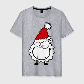 Мужская футболка хлопок с принтом Счастливая овечка в Белгороде, 100% хлопок | прямой крой, круглый вырез горловины, длина до линии бедер, слегка спущенное плечо. | Тематика изображения на принте: 2015 | new year | новый год | овечка | овца | счастье