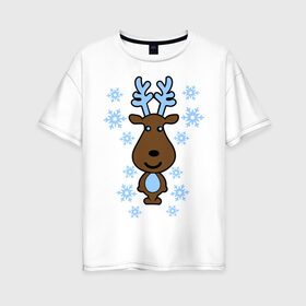Женская футболка хлопок Oversize с принтом Милый олень и снежинки в Белгороде, 100% хлопок | свободный крой, круглый ворот, спущенный рукав, длина до линии бедер
 | new year | новый год | олень | снег | снежинки