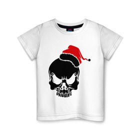 Детская футболка хлопок с принтом Череп в новогодней шапке в Белгороде, 100% хлопок | круглый вырез горловины, полуприлегающий силуэт, длина до линии бедер | скелет