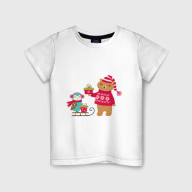 Детская футболка хлопок с принтом Медведь и сова в Белгороде, 100% хлопок | круглый вырез горловины, полуприлегающий силуэт, длина до линии бедер | венок | медведь. сова. санки | новый год | подарки | праздник | снег | снежинки | холод | шапки