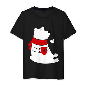 Мужская футболка хлопок с принтом Белый мишка в Белгороде, 100% хлопок | прямой крой, круглый вырез горловины, длина до линии бедер, слегка спущенное плечо. | белый мишка | животные. птицы | зима | кружка | новый год | снег | шарф