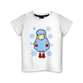 Детская футболка хлопок с принтом Барашек и снежинки в Белгороде, 100% хлопок | круглый вырез горловины, полуприлегающий силуэт, длина до линии бедер | барашек | зима | новый год | овечка | овца | снег | снежинки