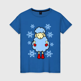 Женская футболка хлопок с принтом Барашек и снежинки в Белгороде, 100% хлопок | прямой крой, круглый вырез горловины, длина до линии бедер, слегка спущенное плечо | барашек | зима | новый год | овечка | овца | снег | снежинки