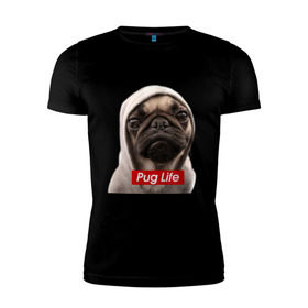 Мужская футболка премиум с принтом Pug life в Белгороде, 92% хлопок, 8% лайкра | приталенный силуэт, круглый вырез ворота, длина до линии бедра, короткий рукав | Тематика изображения на принте: pug life | жизнь | капюшон | мопс | собака