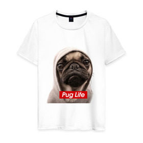 Мужская футболка хлопок с принтом Pug life в Белгороде, 100% хлопок | прямой крой, круглый вырез горловины, длина до линии бедер, слегка спущенное плечо. | pug life | жизнь | капюшон | мопс | собака