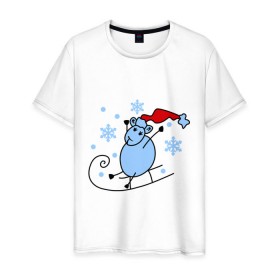 Мужская футболка хлопок с принтом Овечка на санках в Белгороде, 100% хлопок | прямой крой, круглый вырез горловины, длина до линии бедер, слегка спущенное плечо. | зима | новый год | овечка | овца | сани | снег