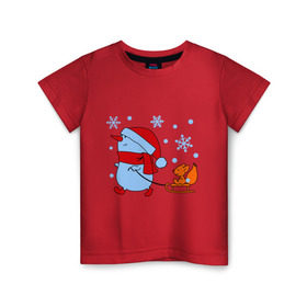 Детская футболка хлопок с принтом Снеговик с санками в Белгороде, 100% хлопок | круглый вырез горловины, полуприлегающий силуэт, длина до линии бедер | new year | белка | новый год | сани | снеговик