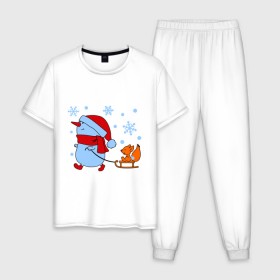 Мужская пижама хлопок с принтом Снеговик с санками в Белгороде, 100% хлопок | брюки и футболка прямого кроя, без карманов, на брюках мягкая резинка на поясе и по низу штанин
 | new year | белка | новый год | сани | снеговик