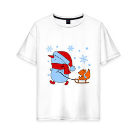 Женская футболка хлопок Oversize с принтом Снеговик с санками в Белгороде, 100% хлопок | свободный крой, круглый ворот, спущенный рукав, длина до линии бедер
 | new year | белка | новый год | сани | снеговик