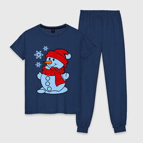 Женская пижама хлопок с принтом Снеговик и снежинки в Белгороде, 100% хлопок | брюки и футболка прямого кроя, без карманов, на брюках мягкая резинка на поясе и по низу штанин | зима | новый год | снег | снеговик | снежинки