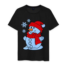 Мужская футболка хлопок с принтом Снеговик и снежинки в Белгороде, 100% хлопок | прямой крой, круглый вырез горловины, длина до линии бедер, слегка спущенное плечо. | зима | новый год | снег | снеговик | снежинки